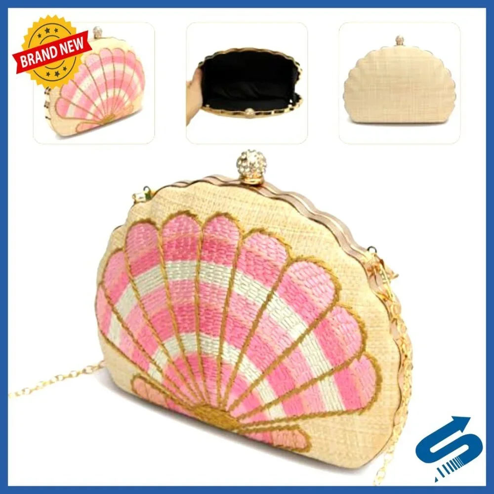 Straw Woven Clutch Purse Embroidered Shell Pattern Handbag Elegant Boho